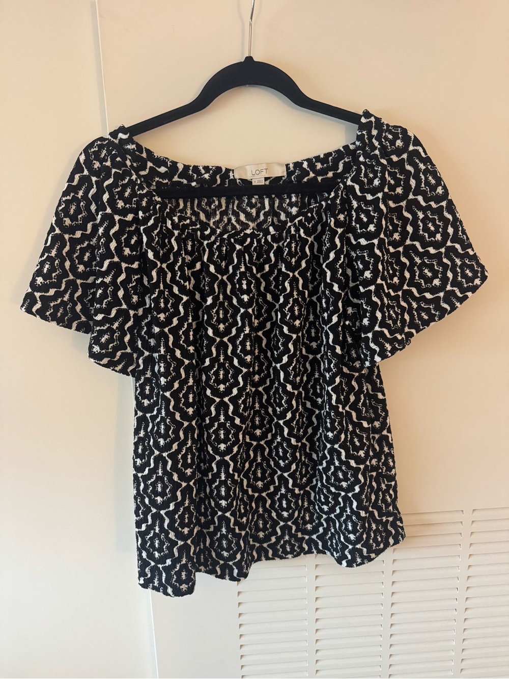 LOFT Black and White Off-Shoulder Patterned Blouse